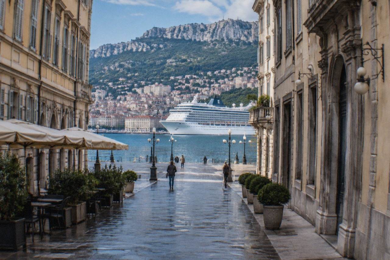 A cruise ship at the berth on the Trieste seafront with the city skyline behind it