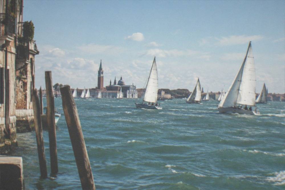 Sailing boats spread across a wide gulf in front of a city skyline, racing in bright autumn light.