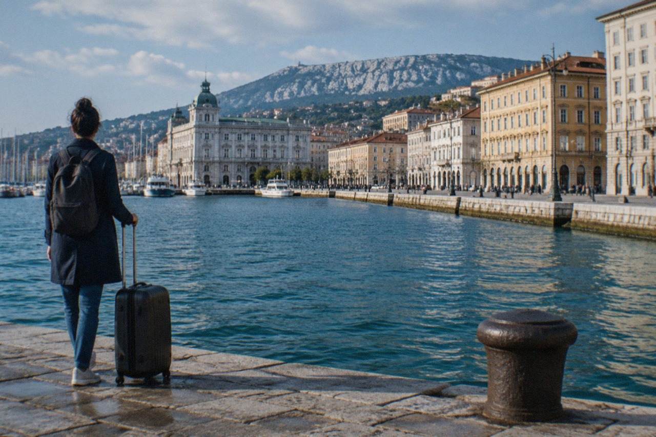 A traveller with a suitcase looking out over the seafront of Trieste, Italy, with the historic waterfront buildings along the Gulf of Trieste.