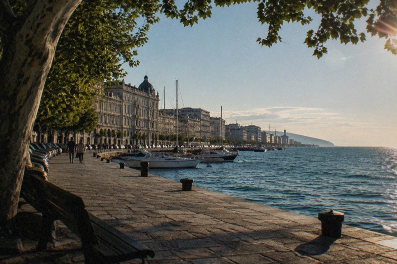 The Trieste waterfront with the seafront promenade and the Gulf of Trieste stretching toward the horizon