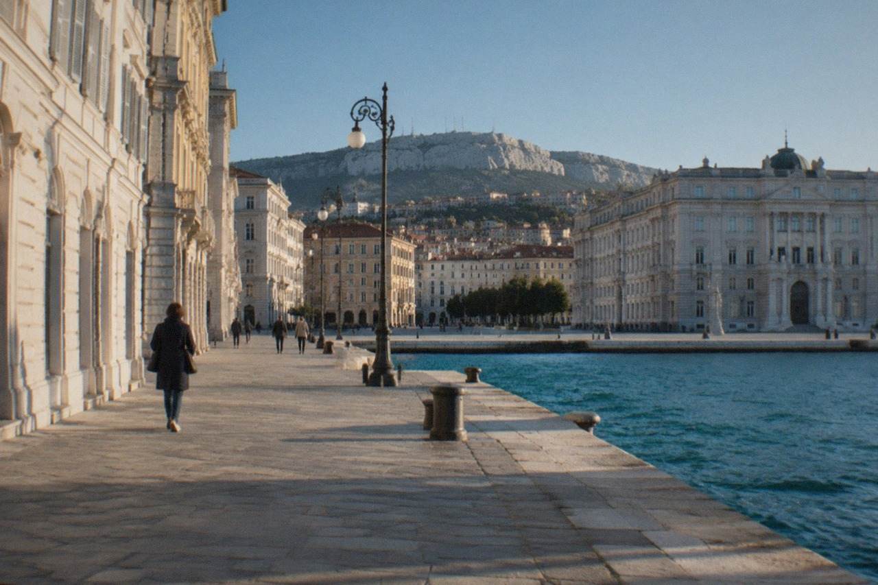 The seafront square of Trieste in Italy with ornate Habsburg-era facades facing the Adriatic gulf