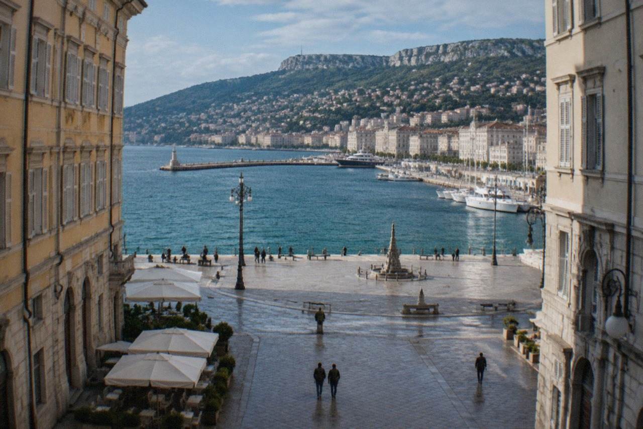 The seafront of Trieste in Italy on a calm day, with the wide square by the water and hills rising behind the city