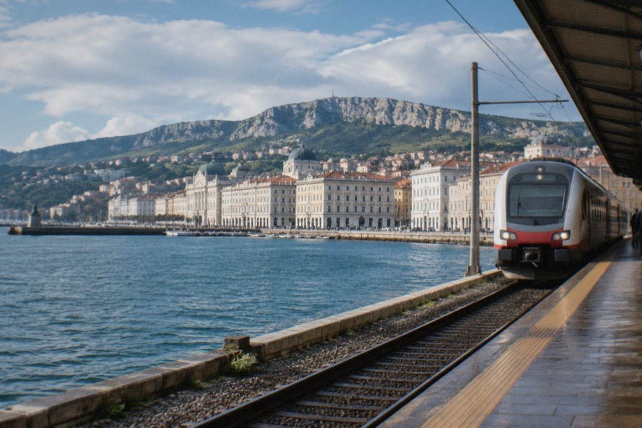 A train pulling into a seaside railway station beside the water in Trieste, Italy