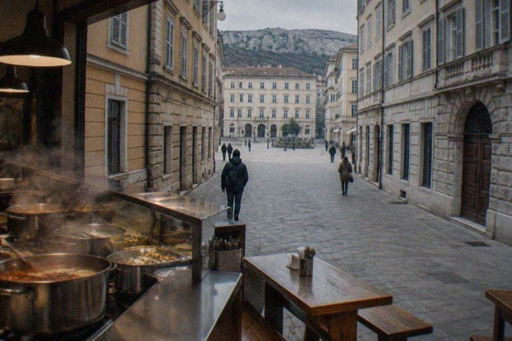 A counter of a small buffet restaurant in Trieste with steaming pots and wooden benches