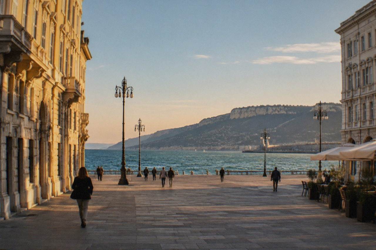 The seafront square of Trieste with historic facades and open water beyond