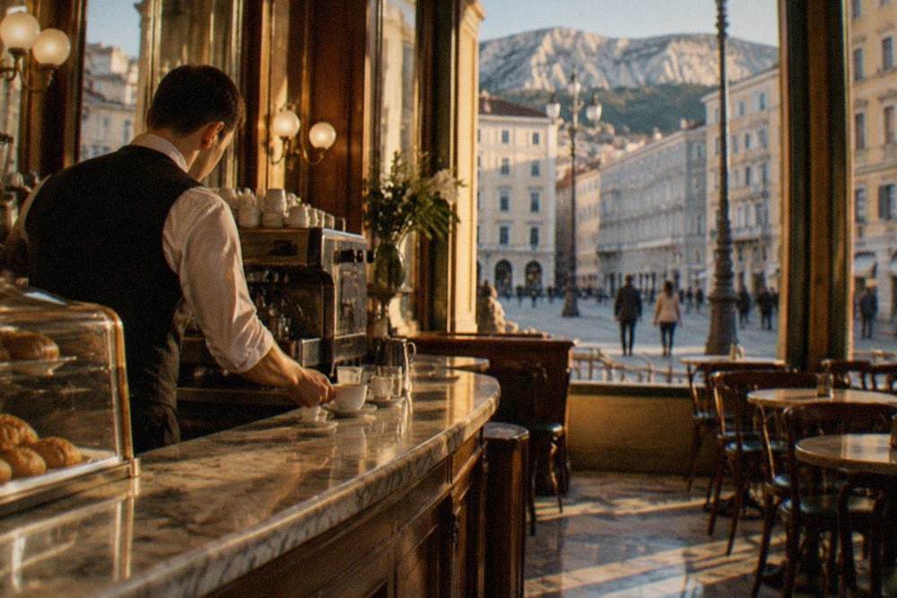 Waiter serving coffee at the counter of a historic Trieste café with marble surfaces and newspaper stands