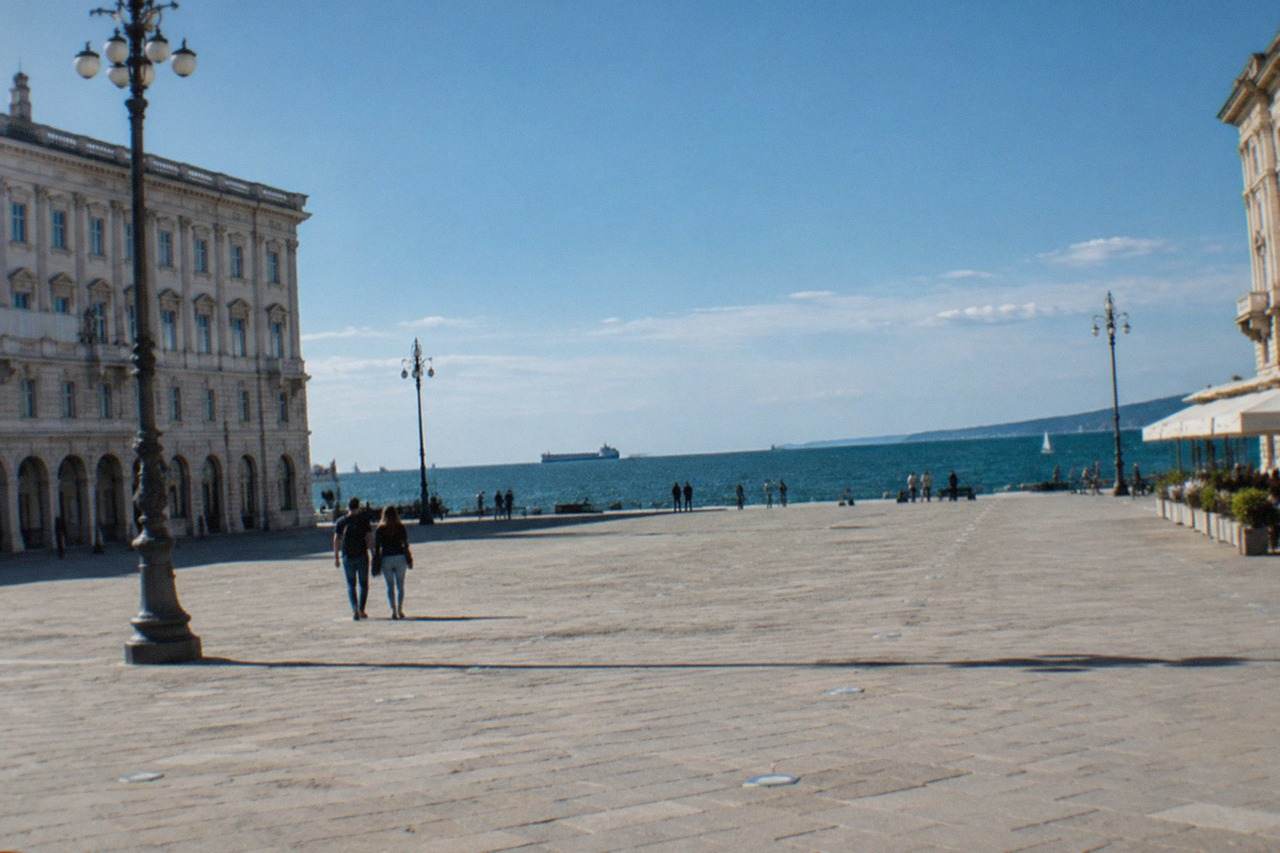 The seafront of Trieste, Italy, with Piazza Unità d'Italia and the Adriatic Gulf beyond