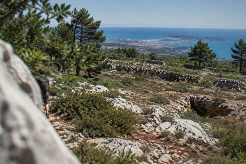 Karst limestone landscape above Trieste with the Adriatic Gulf in the distance