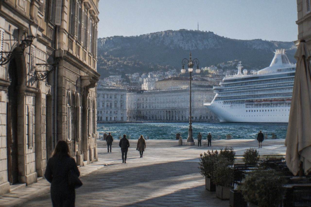 A cruise ship tied up at the Trieste waterfront with the city's neoclassical buildings behind it