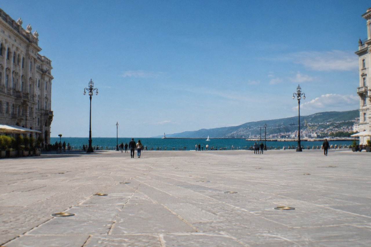 The seafront of Trieste, Italy, with Piazza Unità d'Italia and the Gulf of Trieste beyond