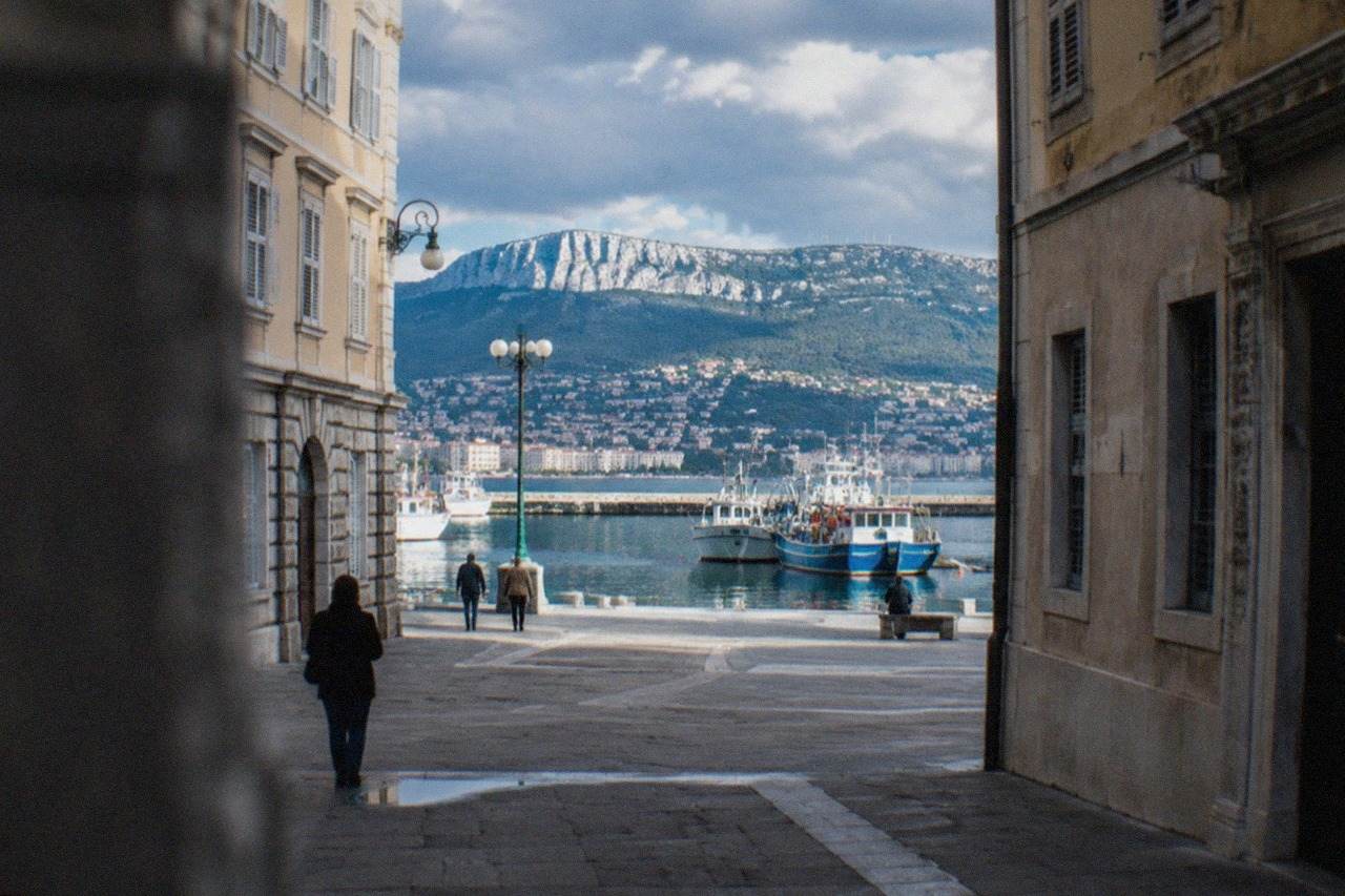 Fishing boats and calm water in a bay on the edge of Trieste with hills rising behind