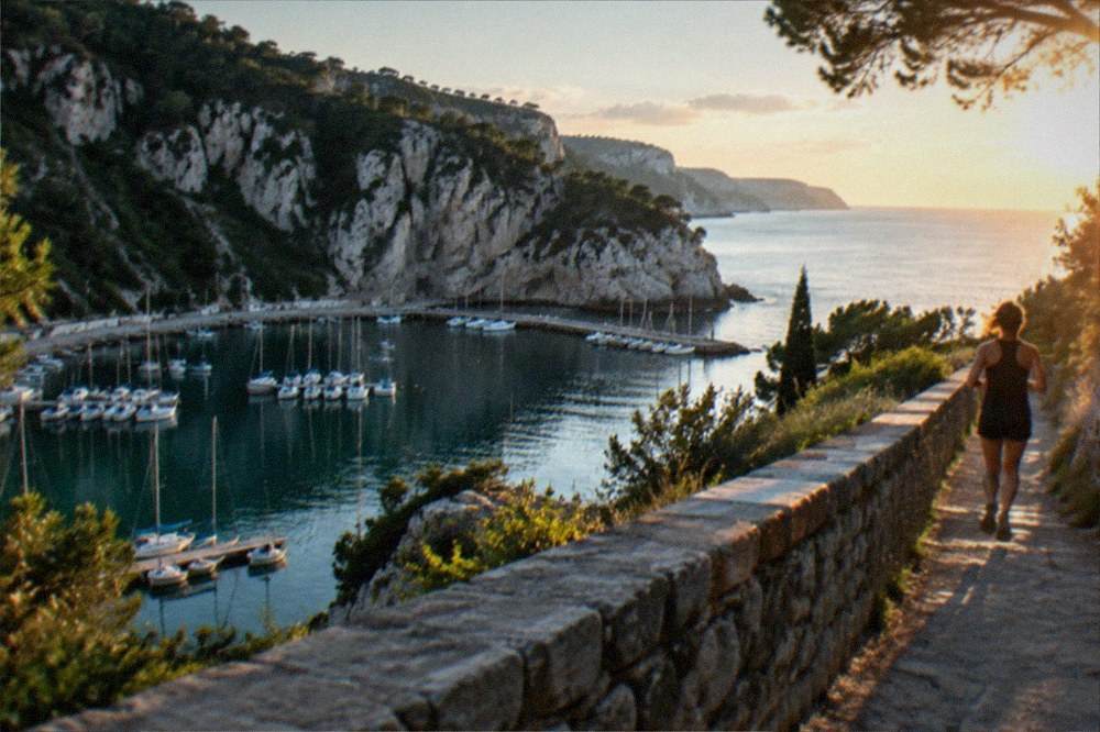 A terrace above a coastal bay at golden hour with the sea and distant headlands beyond