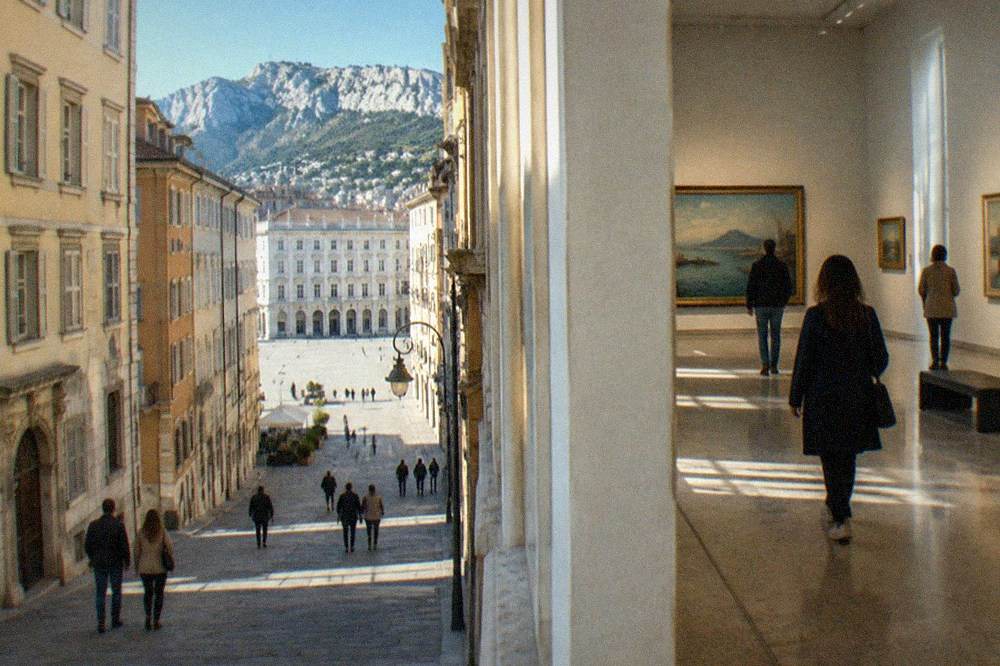 Visitors walking through a bright gallery with paintings hung on the walls in a Trieste museum