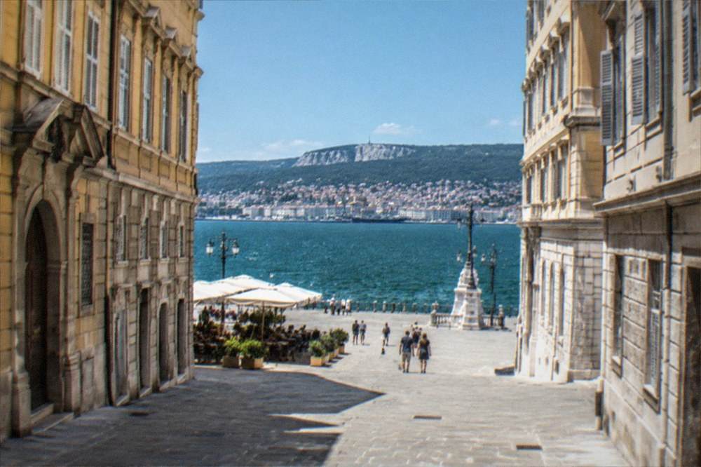 A wide view of the Gulf of Trieste from a high point with the city skyline on the far shore