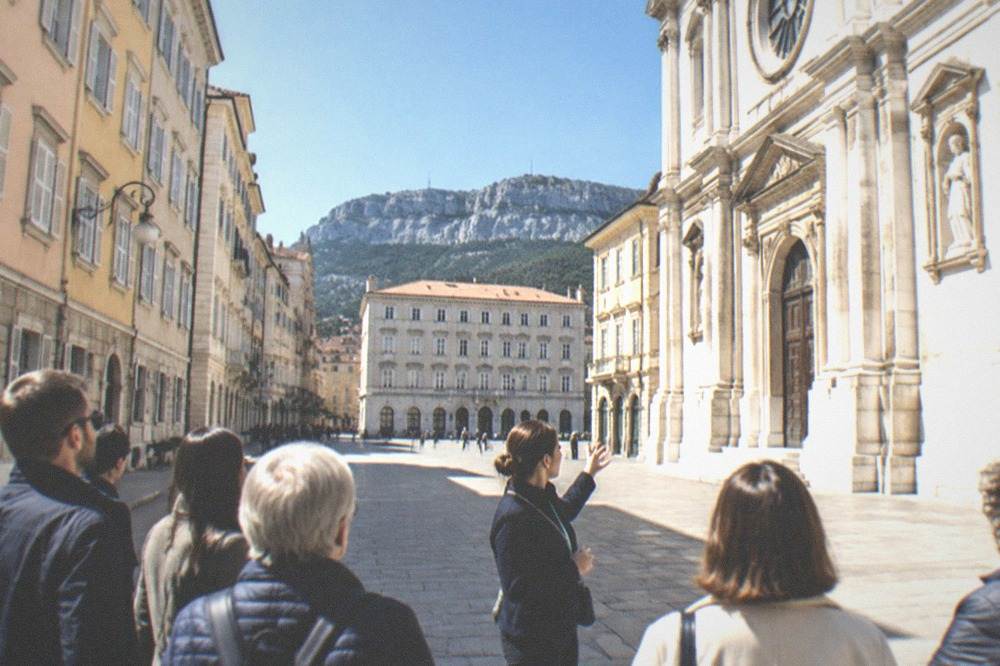 A local guide explaining a church facade to a small group in a Trieste old-town square