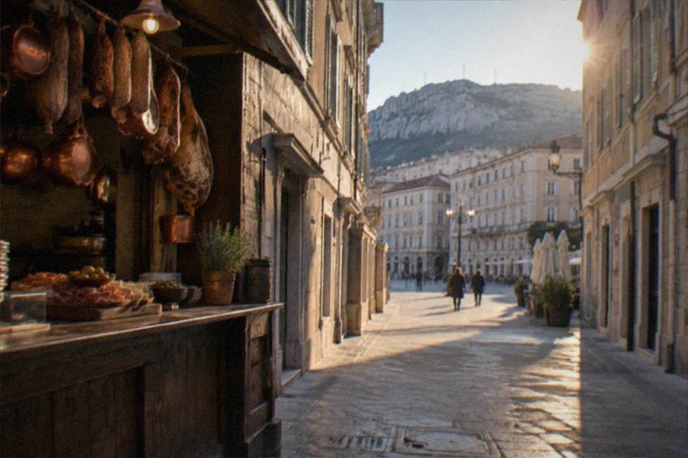 A rustic counter of a Trieste buffet tavern with copper pots and cured meats hanging