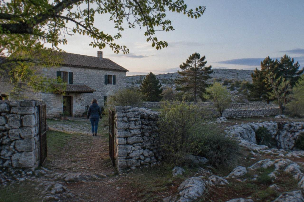 A stone farmhouse on the Karst plateau above Trieste with a leafy branch hung above its gate