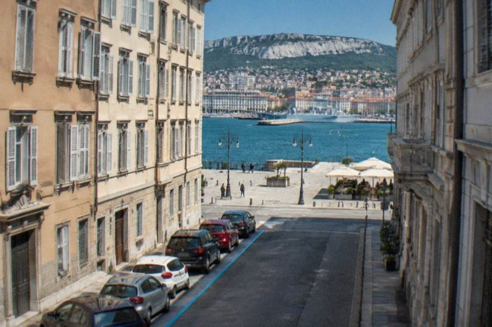 A row of cars parked in blue-lined bays beside an old European apartment block on a sunny morning