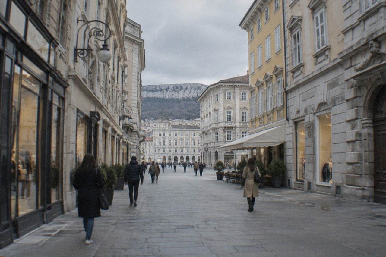 Shoppers walking past elegant nineteenth-century shopfronts in central Trieste, Italy