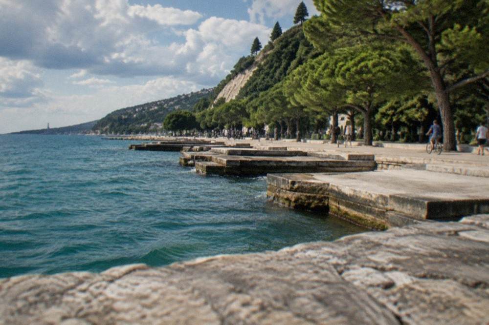 The Barcola seafront in Trieste with people walking and cycling under plane trees along the water
