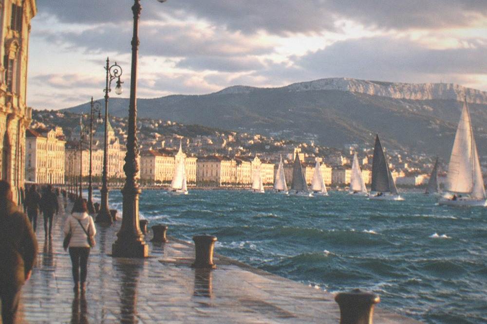 A fleet of sailing boats racing on the Gulf of Trieste seen from the seafront during the October regatta
