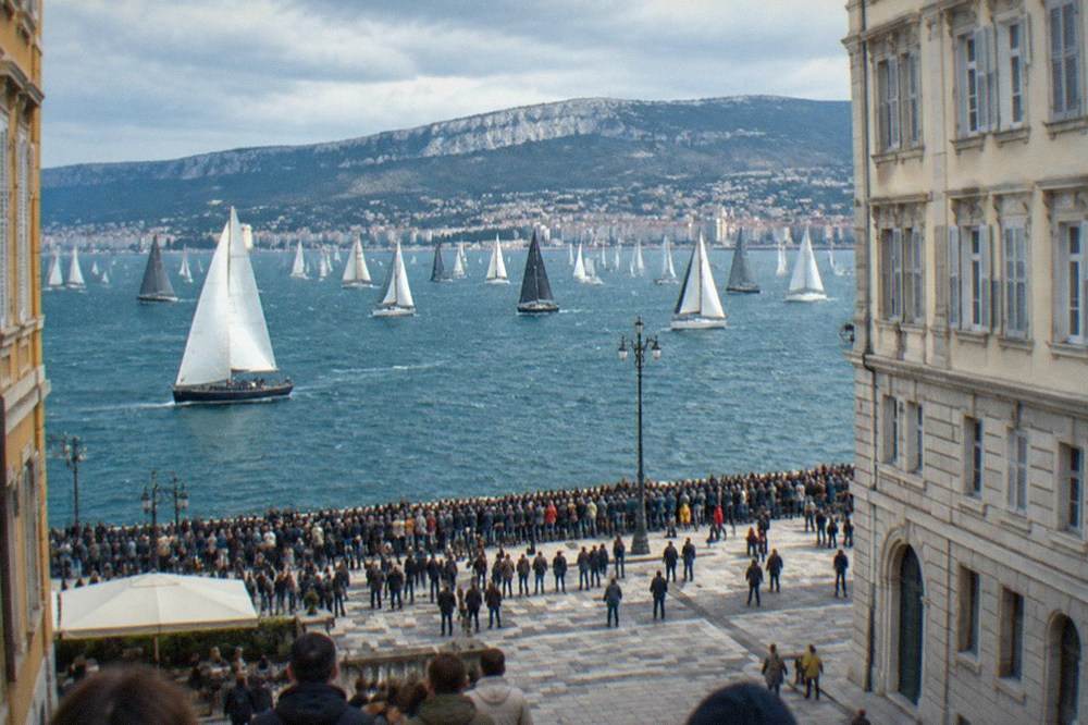 Thousands of spectators lining the Trieste waterfront on regatta day with sails spread across the gulf