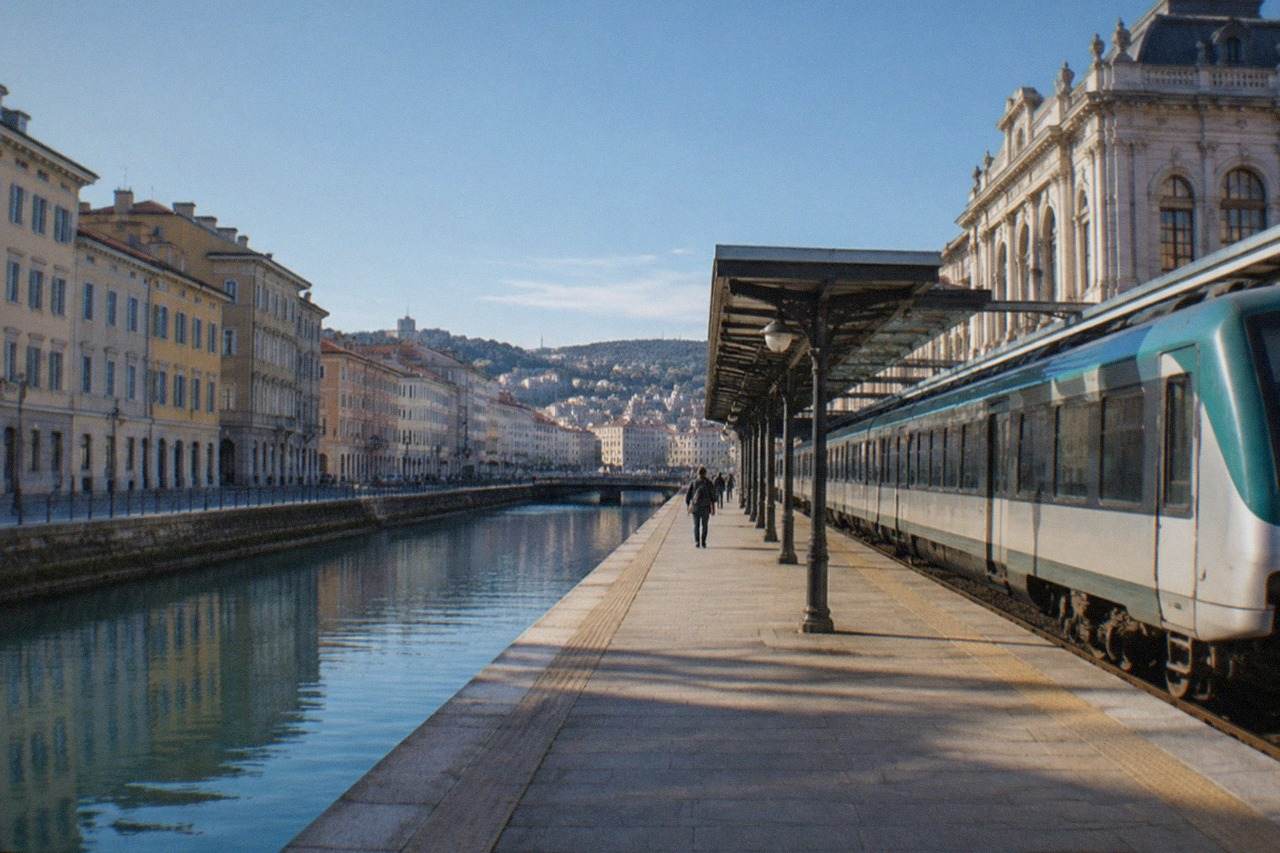 A regional train waiting at a platform beside a grand Italian railway station facade