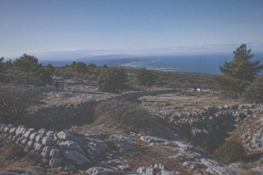 The Karst plateau above Trieste with dry stone walls and a view toward the Adriatic