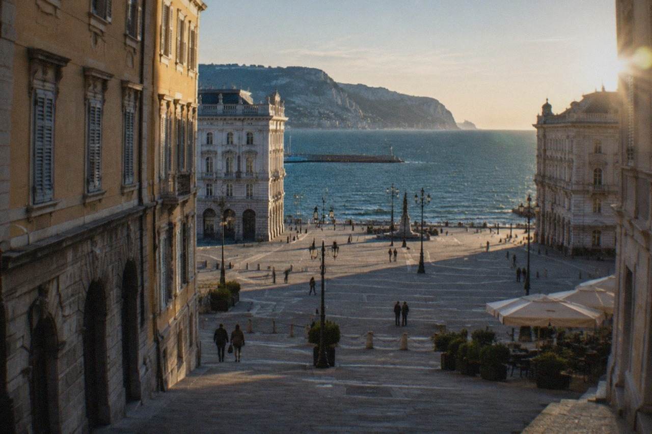 The wide seafront square of Trieste with the sea horizon behind the grand facades
